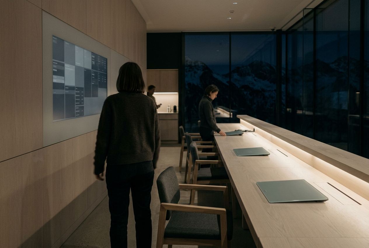A venue operations room at night, one analyst standing at a flush wall panel of venue plans with the desks behind her nearly empty.