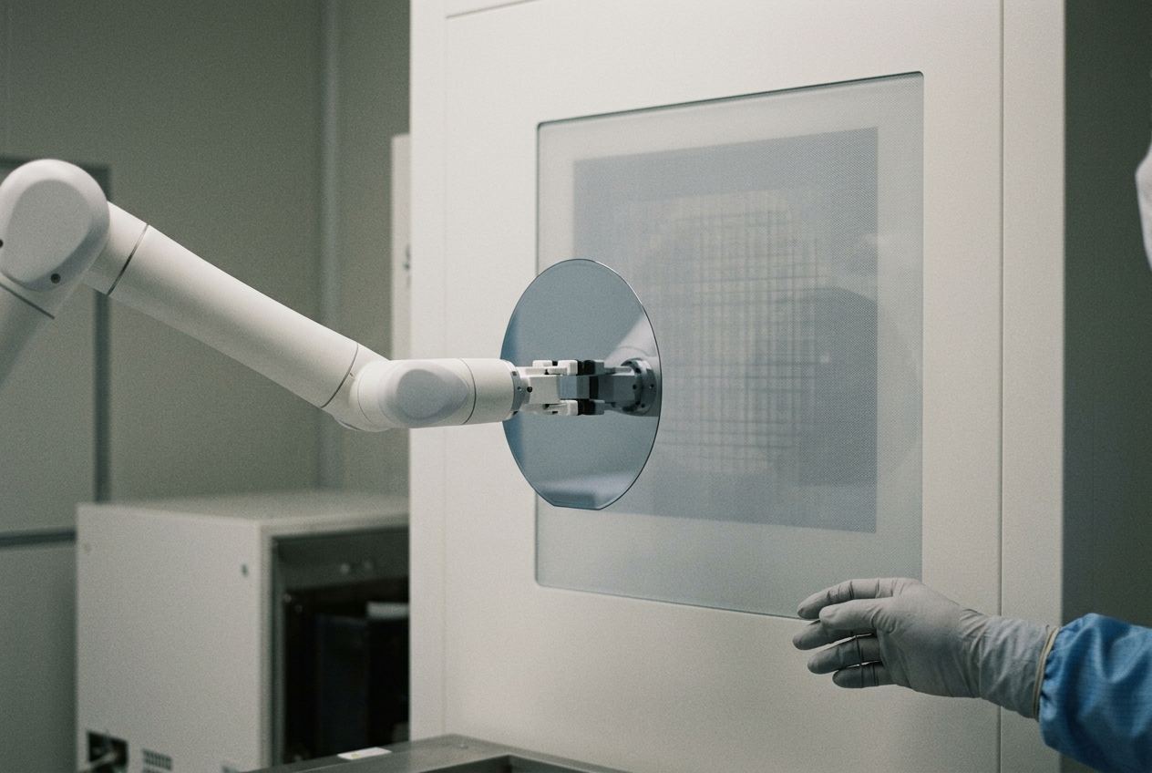 A robotic arm holding a circular substrate before an inspection display inside a sealed white enclosure.