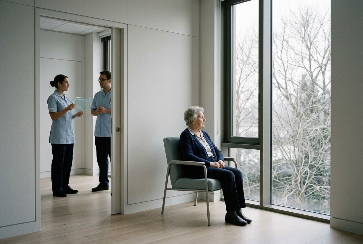An elderly woman seated by a tall window in a hospital day room, two staff talking in the doorway with a glass slate.