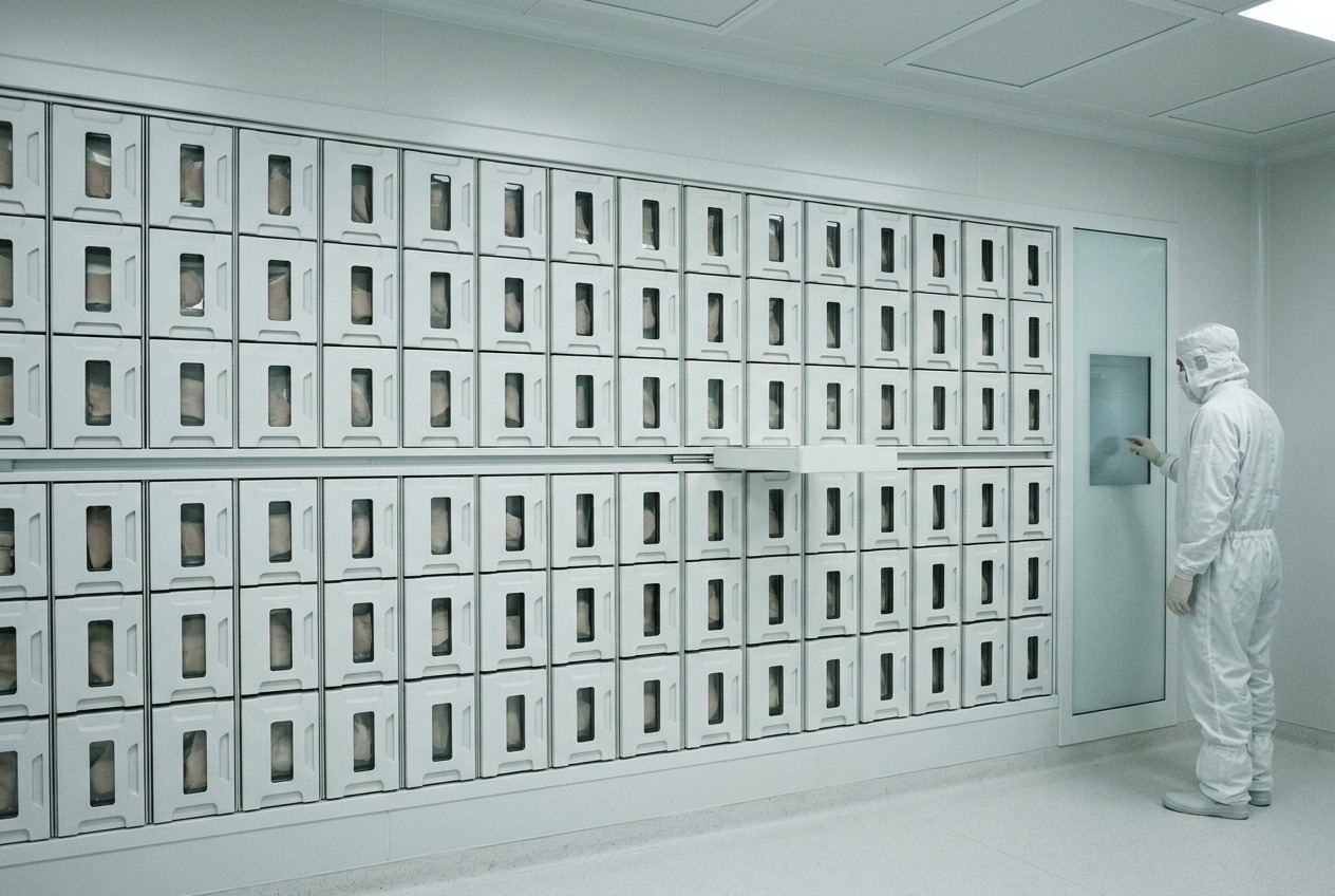 A wall of sealed perfusion cassettes with a white exchange arm on a flush rail, and a technician at a glass panel flush to the frame.