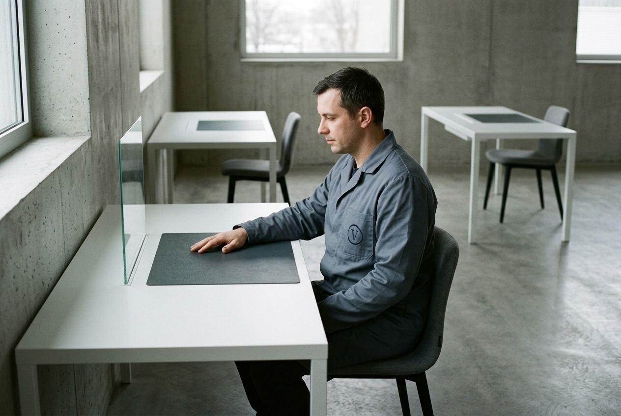 A works engineer at a slim white desk with one edge-on glass panel and a writing surface set flush into the desk.
