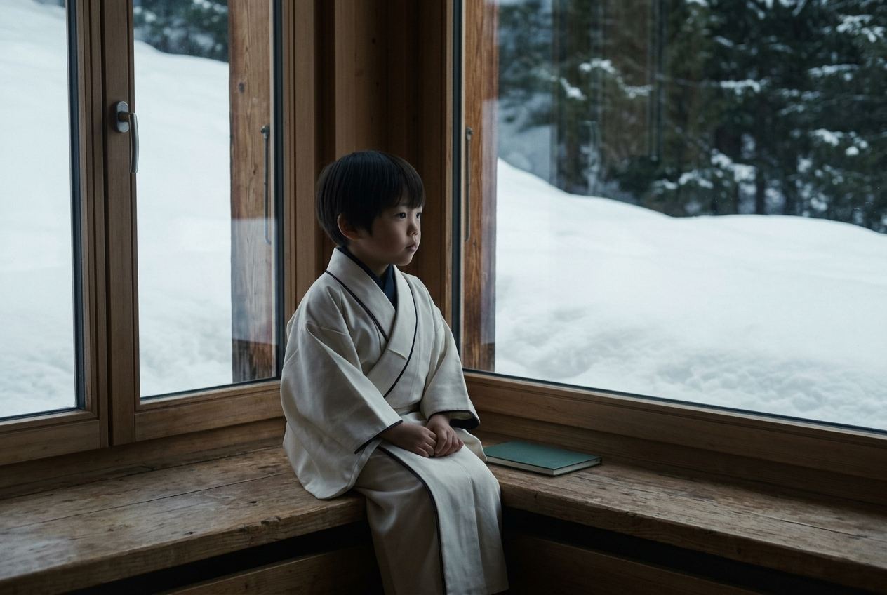 A boy in a cream kimono sitting alone on a wooden window bench, snow and dark pines outside.