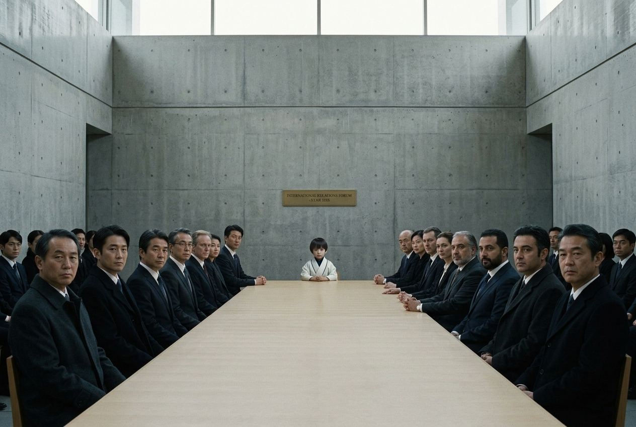 Two delegations seated along a long table in a large concrete hall, a small boy in a white kimono alone at the midpoint.
