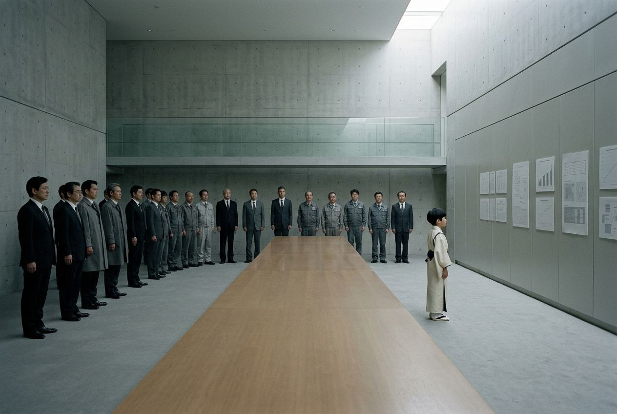 A boy in a cream kimono standing alone at the head of a vast concrete gallery, twenty officials and officers standing well back along the far wall.