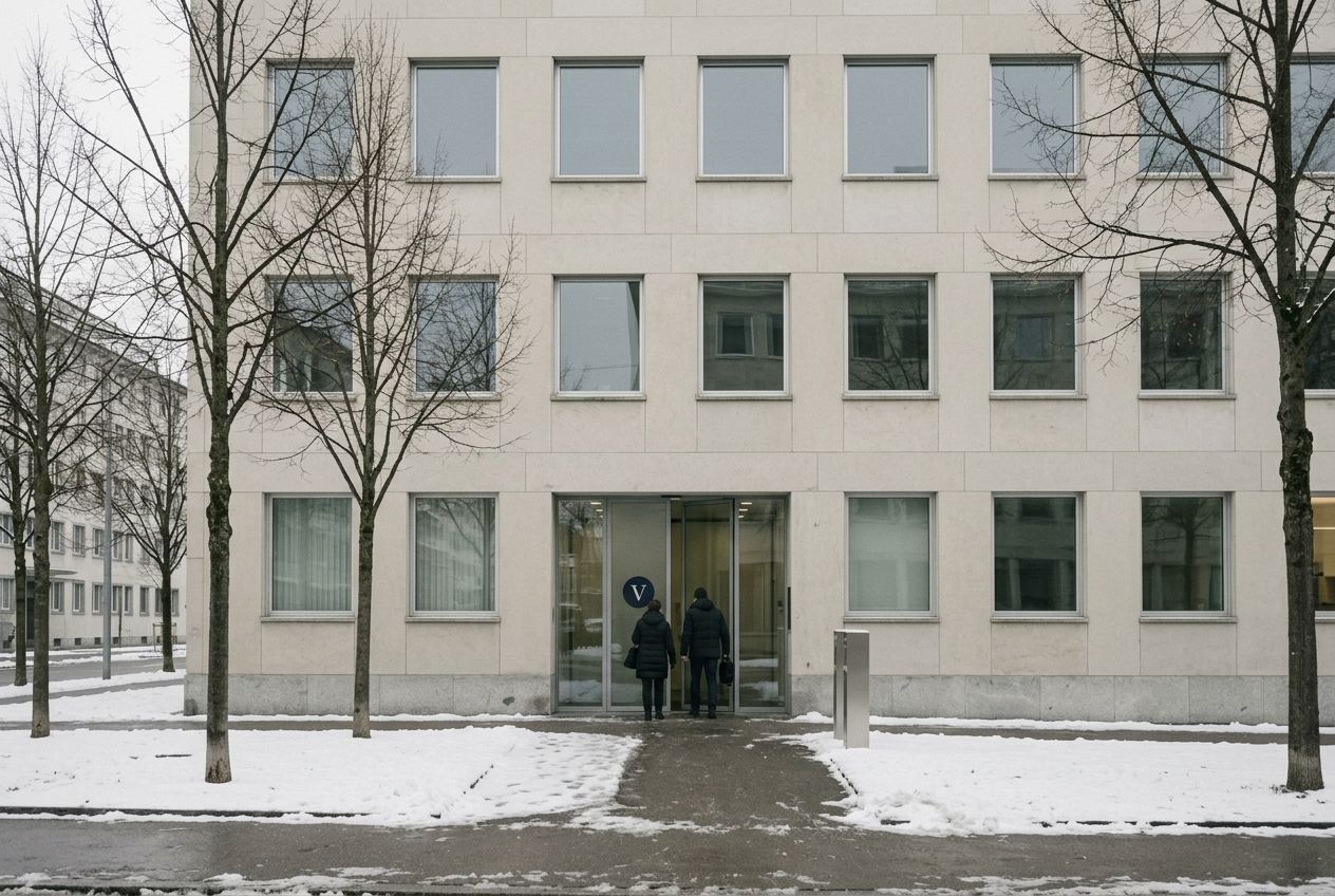 A plain pale-stone cantonal administration building on a winter morning, two people in dark coats entering through a frameless glass door.
