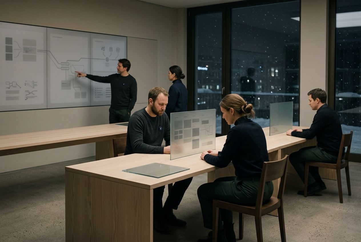 Five staff around two long pale ash desks at night, thin frameless glass panels standing edge-on and a seamless wall panel of faint diagrams behind them.